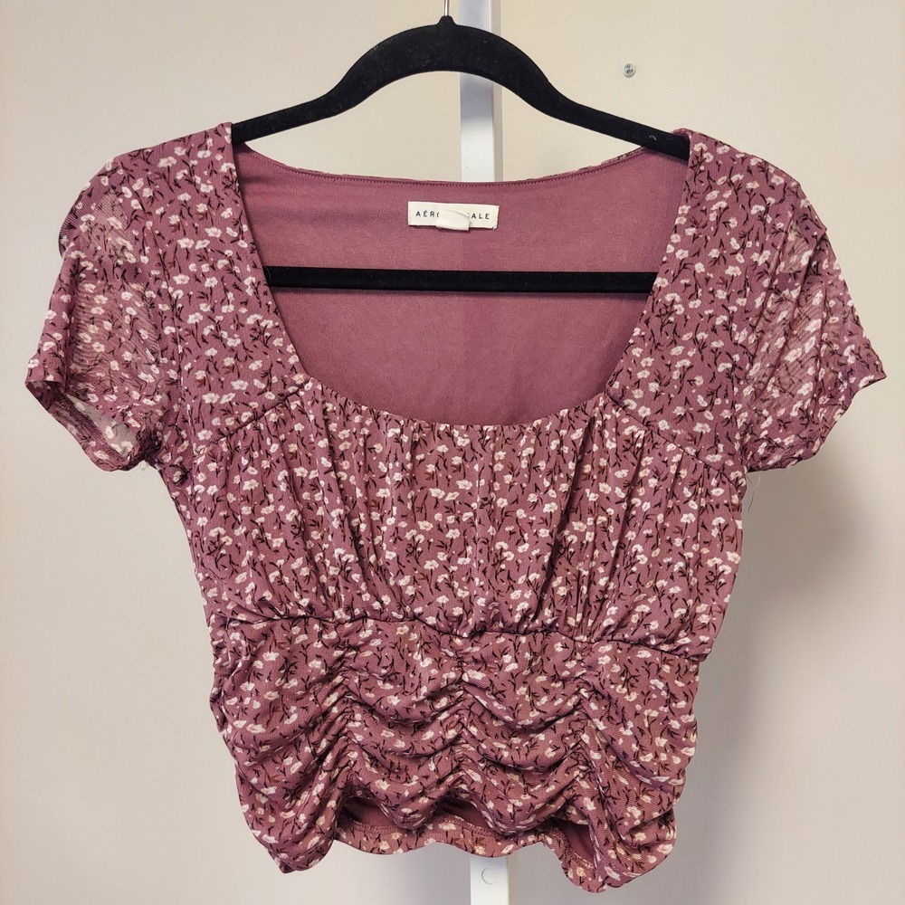Aeropostale Mauve Ditsy Floral Ruched Mesh Crop Top S Square Neck Peasant Fairy